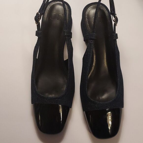 Spectator Pump Blue Denim and Black Patent Slingback block heel Size 7 - Picture 10 of 16